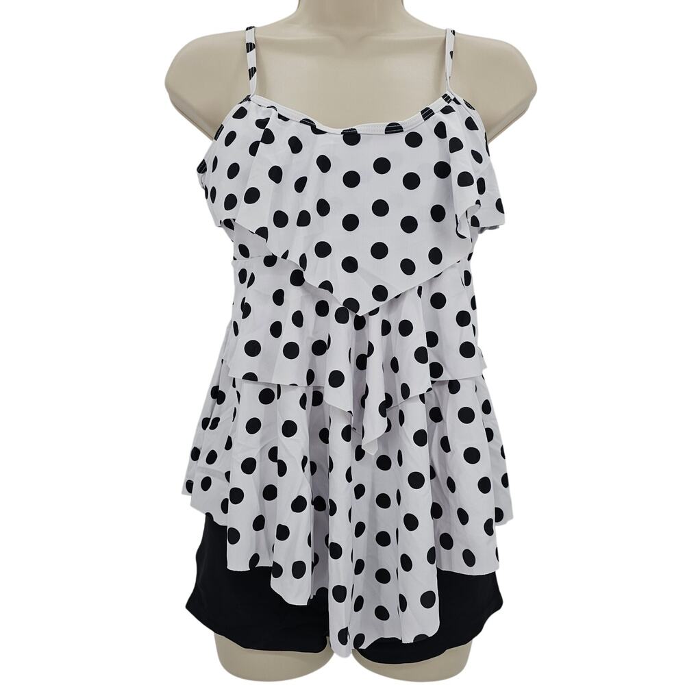 Yonique Womans size M 2 Piece Ruffle Tankini Boyshorts Swimsuit Polka Dot NWOT